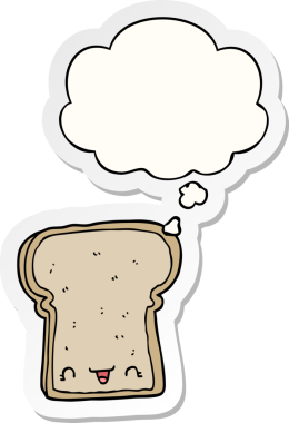 Bir insan tarafından çizilmiş bir çıkartma gibi düşünce baloncuklu şirin bir ekmek dilimi.