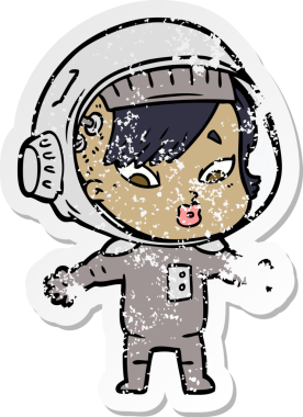 Bir insan tarafından çizilmiş karikatür astronot kadının sıkıntılı çıkartması.