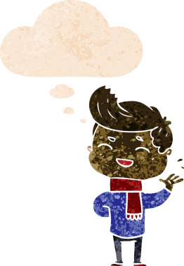 Düşünce baloncuğuyla gülen karikatürist bir insan tarafından çizilmiş dertli retro stili.