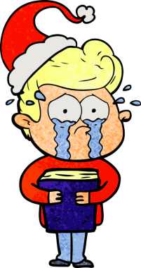 Bir insan tarafından çizilmiş, elinde Noel Baba şapkası olan ağlayan bir adamın el çizimi karikatürü.