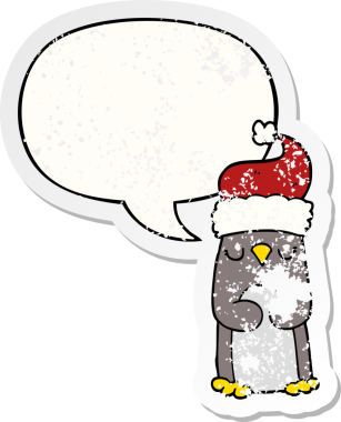 Konuşma baloncuğu olan bir penguen, bir insan tarafından çizilmiş sıkıntılı eski bir çıkartma.