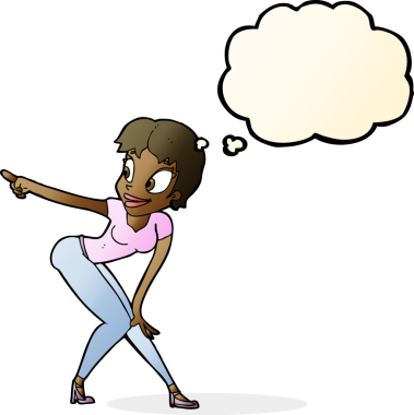 Bir insan tarafından çizilmiş düşünce baloncuğuyla işaret eden güzel bir kadın.