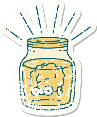 Bir insan tarafından çizilmiş kavanozda dövmeli bir beynin eski bir çıkartması.