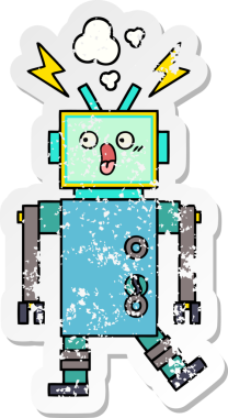 Bir insan tarafından çizilmiş sevimli bir robot çizgi film çıkartması.