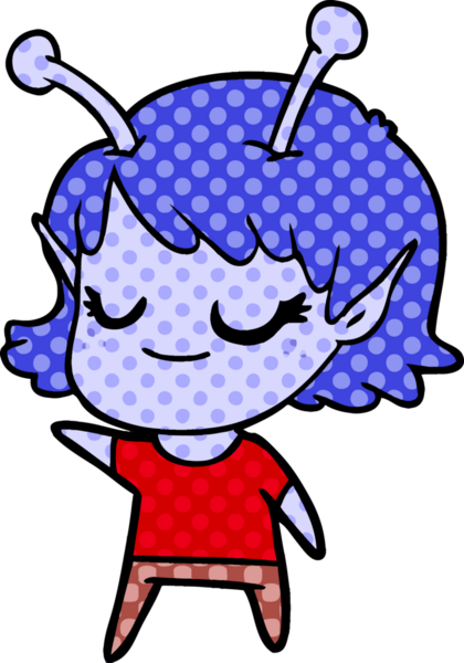 Bir insan tarafından çizilmiş gülümseyen uzaylı kız çizgi filmi.