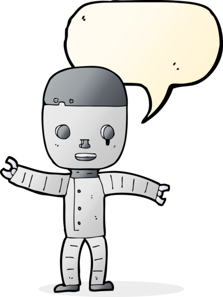 Bir insan tarafından çizilmiş konuşma balonu olan çizgi film robotu.