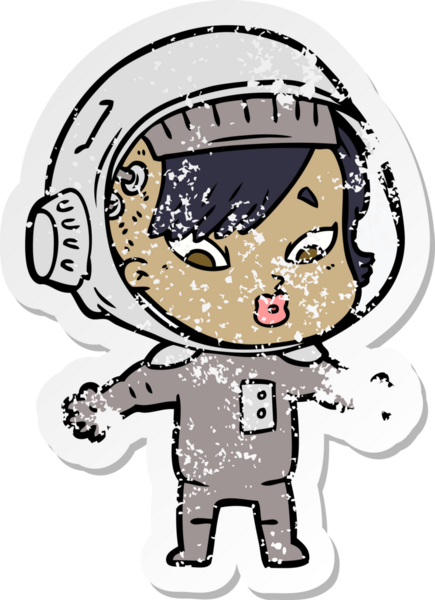 Bir insan tarafından çizilmiş karikatür astronot kadının sıkıntılı çıkartması.