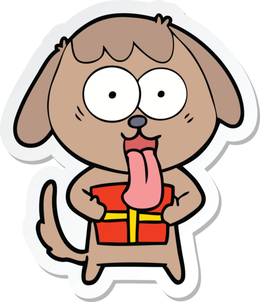 Bir insan tarafından çizilmiş Noel hediyeli şirin bir köpeğin çıkartması.