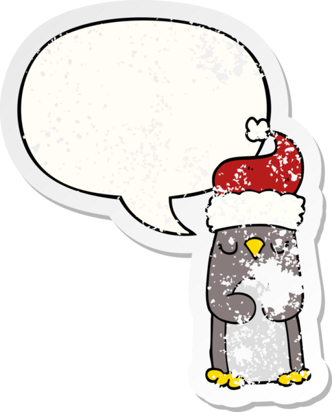 Konuşma baloncuğu olan bir penguen, bir insan tarafından çizilmiş sıkıntılı eski bir çıkartma.