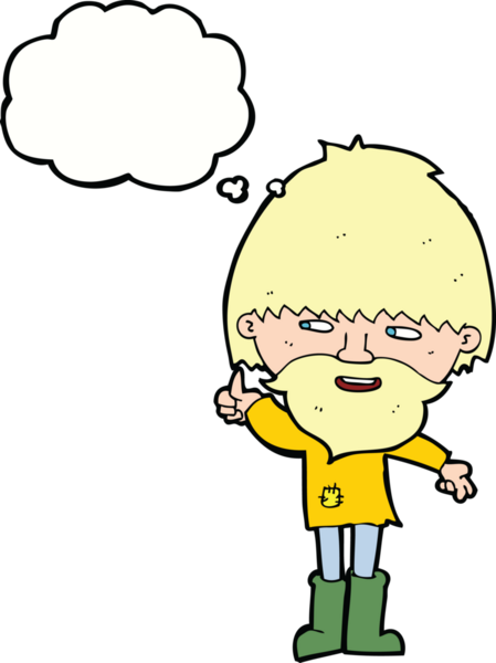 Bir insan tarafından çizilmiş düşünce baloncuklu Wellington çizmeli hippi adam.