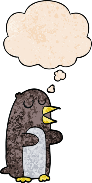 Bir insan tarafından çizilmiş grunge desenli düşünce baloncuklu penguen çizgi filmi.