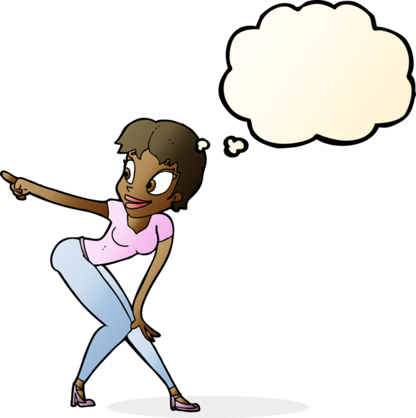 Bir insan tarafından çizilmiş düşünce baloncuğuyla işaret eden güzel bir kadın.