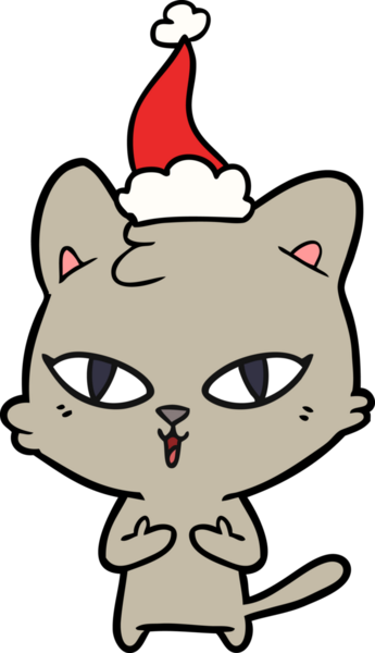 Bir insan tarafından çizilmiş Noel Baba şapkası takan bir kedinin çizimi.