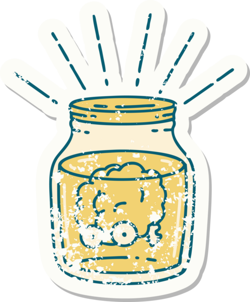 Bir insan tarafından çizilmiş kavanozda dövmeli bir beynin eski bir çıkartması.