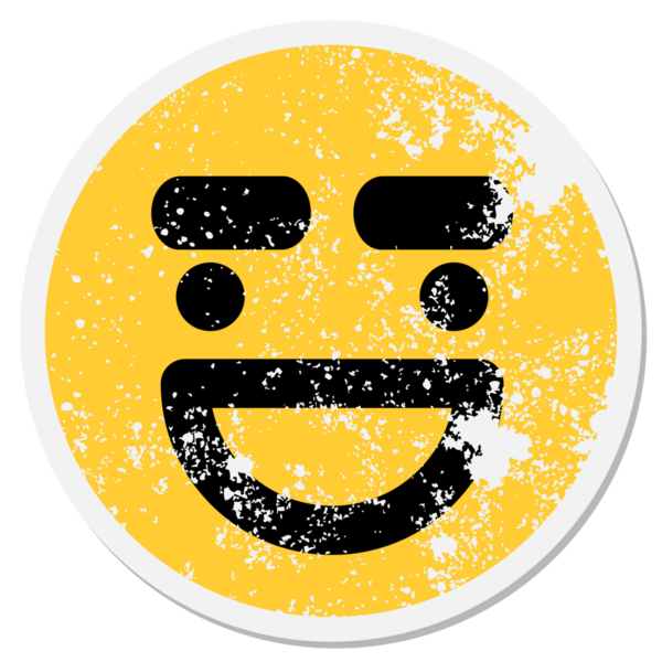 Bir insan tarafından çizilmiş mutlu, büyük kaşlı, dairesel bir etiket.