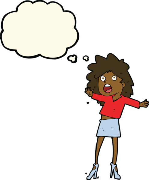 Bir insan tarafından çizilmiş düşünce baloncuğuyla topuklu ayakkabıyla yürüyen bir kadın.