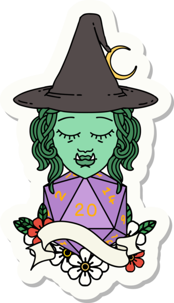 Bir insan tarafından çizilmiş doğal yirmi zarlı yarım ork cadı karakterinin çıkartması.