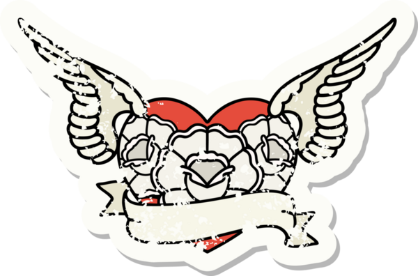 Geleneksel bir stil olan, çiçek ve pankart çizilmiş uçan kalp dövmesi.