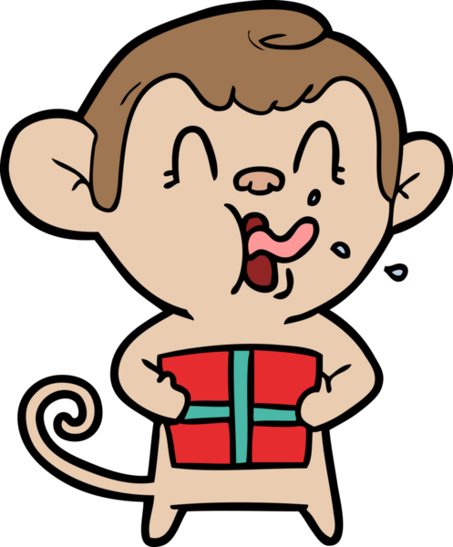 Bir insan tarafından çizilmiş Noel hediyesi olan çılgın çizgi film maymunu.