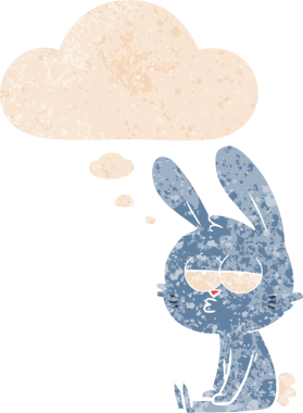 Homurdanan düşünce baloncuğu olan sevimli çizgi film tavşanı bir insan tarafından çizilmiş dertli retro tarzı.