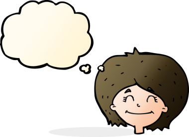 Bir insan tarafından çizilmiş düşünce baloncuklu mutlu kadın yüzü.