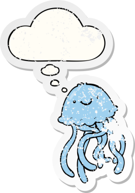 Düşünce baloncuğu olan mutlu denizanası çizgi filmi bir insan tarafından çizilmiş yıpranmış bir çıkartma.