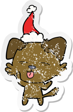 Bir insan tarafından çizilmiş Noel Baba şapkası takan, dili dışarı fırlamış bir köpeğin el çizimi karikatürü.