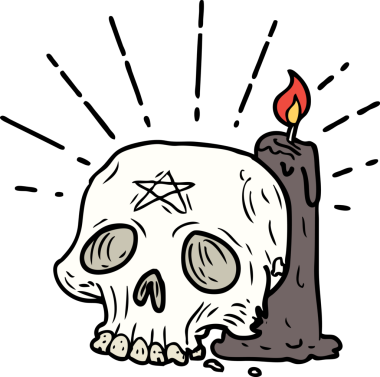 Geleneksel dövme stili ürkütücü kafatası ve bir insan tarafından çizilmiş mum.