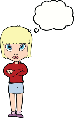 Bir insan tarafından çizilmiş düşünce balonlu çapraz kollu çizgi film kadını.