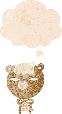 Düşünce baloncuğu ile çizgi film kızgın ayı grunge sıkıntılı retro tarzı bir insan tarafından çizilmiş