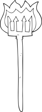 Bir insan tarafından çizilmiş siyah beyaz çizgi film alevli şeytan çatalı.