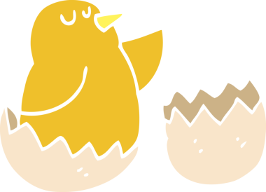 Bir insan tarafından çizilen düz renkli karikatür kuluçkadan çıkan kuş.