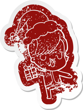 Hipster saç kesimi olan, Noel Baba şapkası takan, bir insan tarafından çizilmiş, kederli, şirin bir çizgi film.