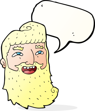 Bir insan tarafından çizilmiş konuşma balonuyla gülen sakallı bir çizgi film adamı.