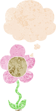 Düşünce baloncuğu ve grunge desenli karikatür çiçeği bir insan tarafından çizilmiş.