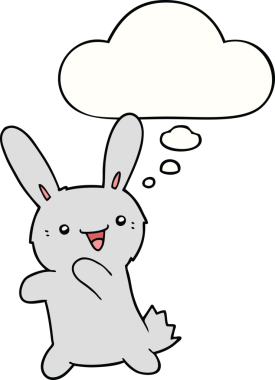 Bir insan tarafından çizilmiş düşünce kabarcığı olan çizgi film tavşanı.