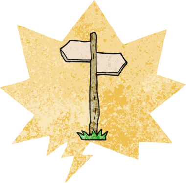 bir insan tarafından çizilmiş grunge sıkıntılı retro biçimli konuşma baloncuklu çizgi film eski yön işareti