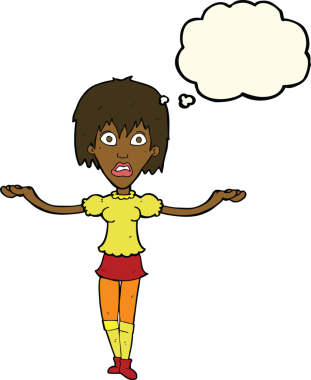 Bir insan tarafından çizilmiş düşünce baloncuğuyla omuz silken çizgi film kadını.