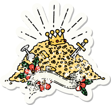 Bir insan tarafından çizilmiş eski bir dövme stili altın yığını.