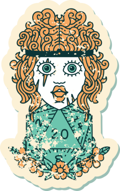 Bir insan tarafından çizilmiş doğal yirmi zarlı insan barbarının grunge sticker 'ı.