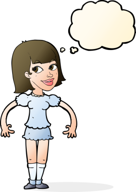 Bir insan tarafından çizilmiş düşünce baloncuğuyla omuz silken çizgi film kadını.