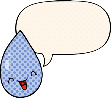 Bir insan tarafından çizilmiş çizgi roman tarzında konuşma baloncuklu yağmur damlası.