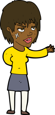 Bir insan tarafından çizilmiş yüzüne alçı yapıştırılmış çizgi film kadını.