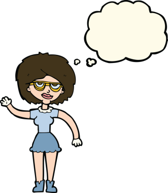 Bir insan tarafından çizilmiş düşünce balonlu gözlük takan çizgi film kadını.