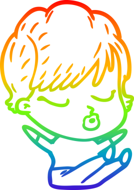 Gökkuşağı gradyan çizgi çizimi bir insan tarafından çizilmiş gözleri olan bir karikatür kadın