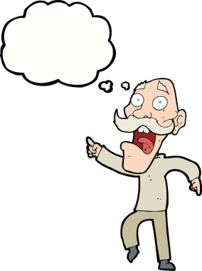 Çizgi film, bir insan tarafından çizilmiş düşünce balonuyla korkmuş yaşlı bir adam.