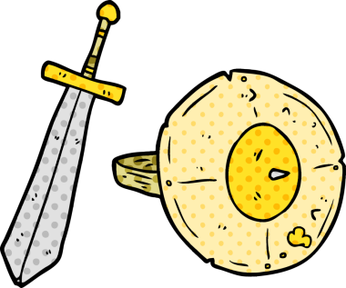 Bir insan tarafından çizilmiş eski bir gladyatör kalkanı ve kılıç.