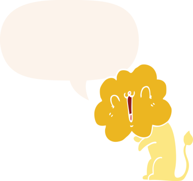 Bir insan tarafından çizilmiş konuşma baloncuğu olan sevimli çizgi film aslanı.