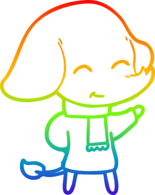 Gökkuşağı gradyan çizgisi bir insan tarafından çizilmiş kışlık elbiseli şirin bir fil çizimi.