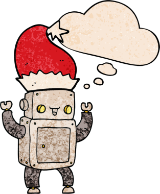 Bir insan tarafından çizilmiş grunge desenli düşünce baloncuğu olan çizgi film Noel robotu.